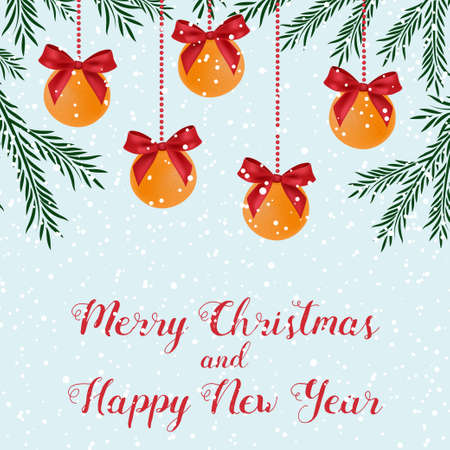 Christmas card with hanging mandarins with red bows on the tree.のイラスト素材