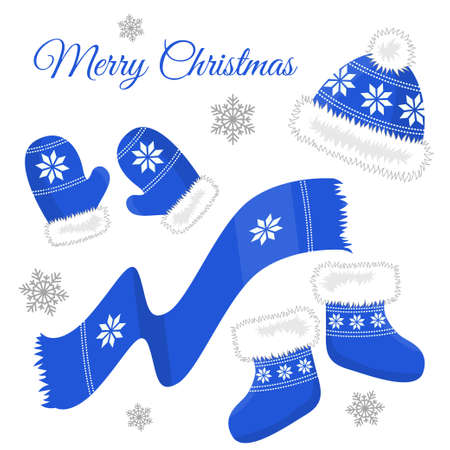 Set of hats, mittens, Christmas socks, candy and snowflakes on a white background.のイラスト素材