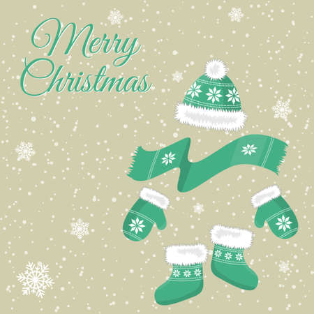Christmas card with Christmas decorations. Hats, mittens, socks and a scarf.のイラスト素材