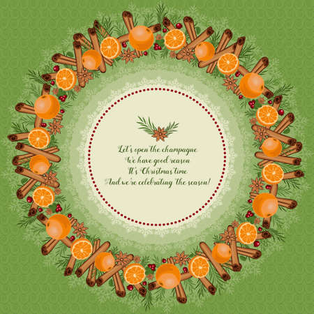 Christmas wreath made of cinnamon, mandarin, anise, cranberries and spruce branches. In the center of New Year's good wishesのイラスト素材