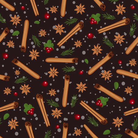 Christmas winter spice with cranberries. Decorative vector seamless pattern. Mulled wine themeのイラスト素材