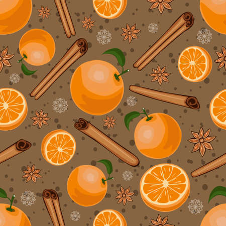 Christmas winter spice with fruit. Decorative vector seamless pattern. Mulled wine themeのイラスト素材