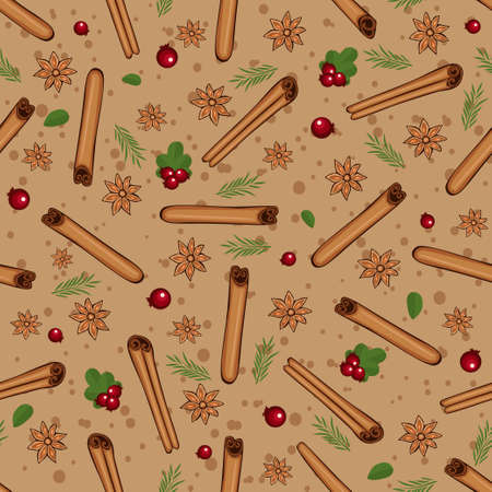 Christmas winter spice with cranberries. Decorative vector seamless pattern. Mulled wine themeのイラスト素材