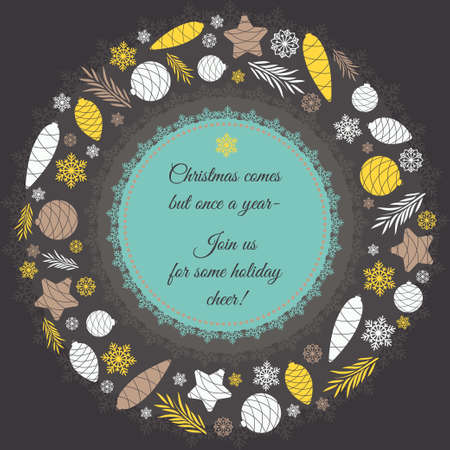 Christmas wreath of fir-tree toys. On New Year's wishes in the center. Christmas cardのイラスト素材