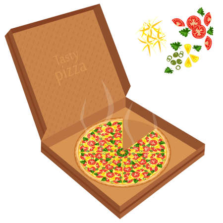 Delicious pizza in a cardboard box with the ingredients.のイラスト素材