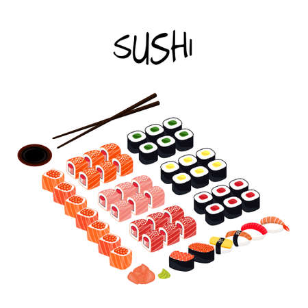 Sushi Set. Set of rolls and sushi with chopsticksのイラスト素材