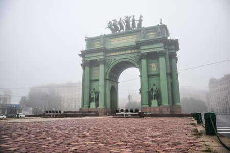 Narva Triumphal Arch in foggy misty morning. Saint-Petersburg sight.の写真素材