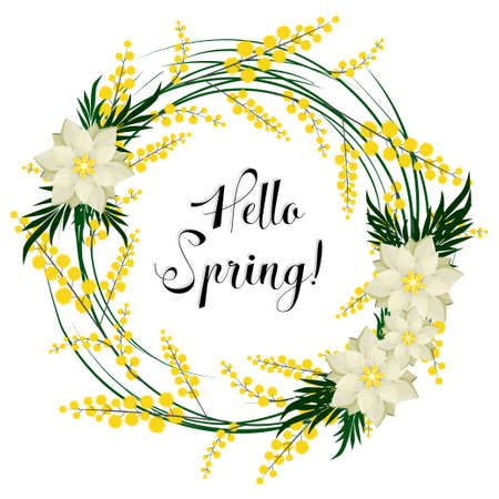 Hello Spring. Floral wreath of mimosa and flowers.のイラスト素材