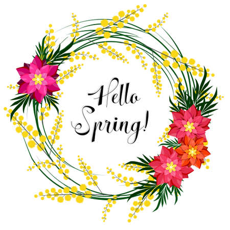 Hello Spring. Floral wreath of mimosa and flowers.のイラスト素材