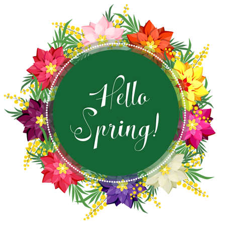 Hello Spring. Wreath of mimosa and other fantastic flowersのイラスト素材