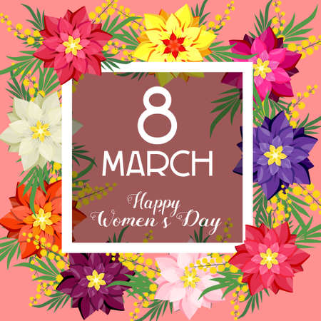 Postcard for March 8. Women's Day. Mimosa and flowersのイラスト素材