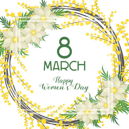 Postcard for March 8. Women's Day. Mimosa and flowersのイラスト素材
