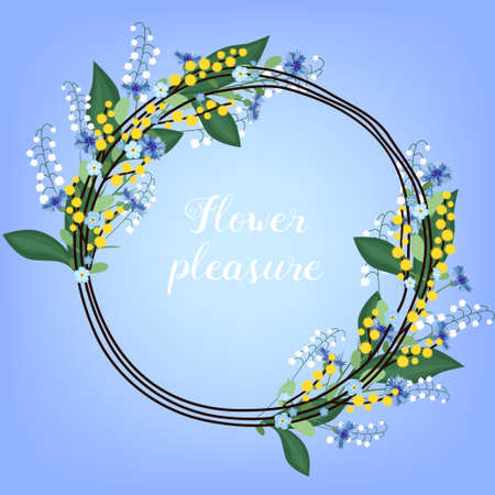 The wreath of lilies of the valley, mimosa and cornflowersのイラスト素材
