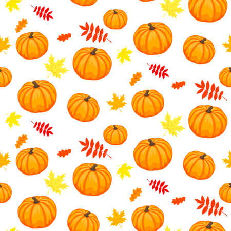 Hello, Autumn. Seamless background of ripe pumpkins and autumn leaves. Pattern.のイラスト素材