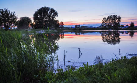 Tranquil nature scene. Sunset on the pond shore.の写真素材