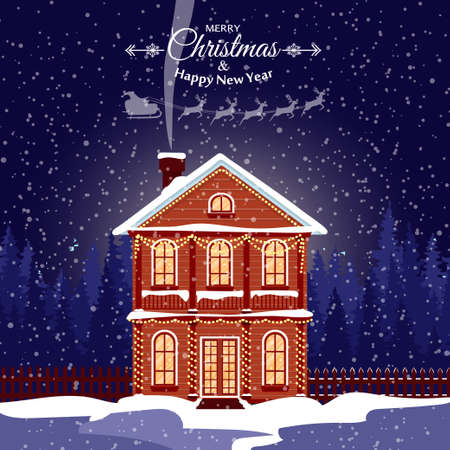 Merry christmas card with house. Vector illustration. Happy new yearのイラスト素材