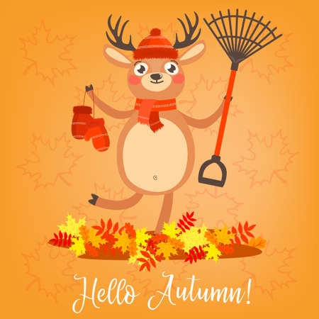 Hello Autumn. Lovely bright card with a deer.のイラスト素材