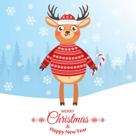 Happy New Year and Merry Christmas. Lovely postcard with a reindeer.のイラスト素材