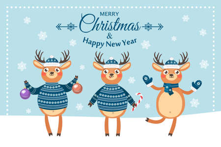 Happy New Year and Merry Christmas. Lovely postcard with reindeers.のイラスト素材
