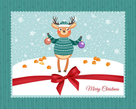 Happy New Year and Merry Christmas. Lovely postcard with a reindeer.のイラスト素材
