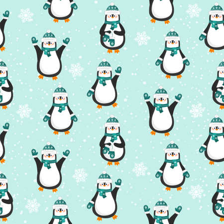 Seamless christmas background with cute northern penguins. Pattern.のイラスト素材