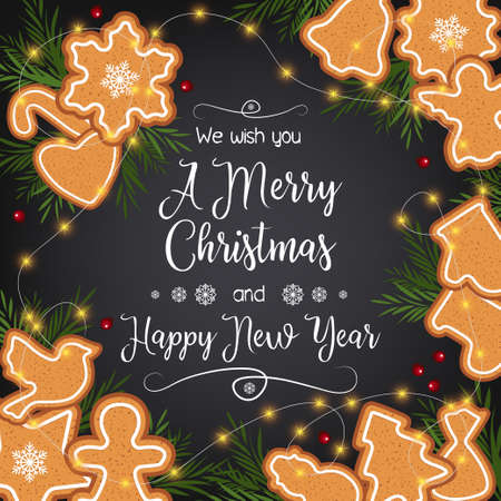 Merry Christmas and a Happy New Year. Beautiful greeting card with gingerbread cookies.のイラスト素材