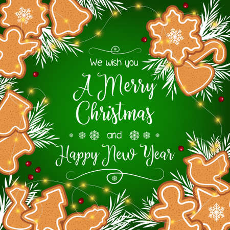 Merry Christmas and a Happy New Year. Beautiful greeting card with gingerbread cookies.のイラスト素材