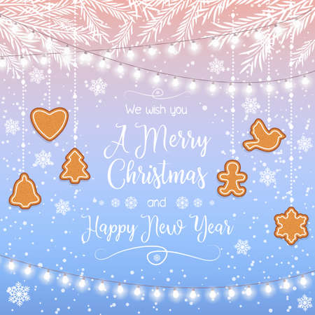 Merry Christmas and a Happy New Year. Beautiful greeting card with gingerbread cookies.のイラスト素材