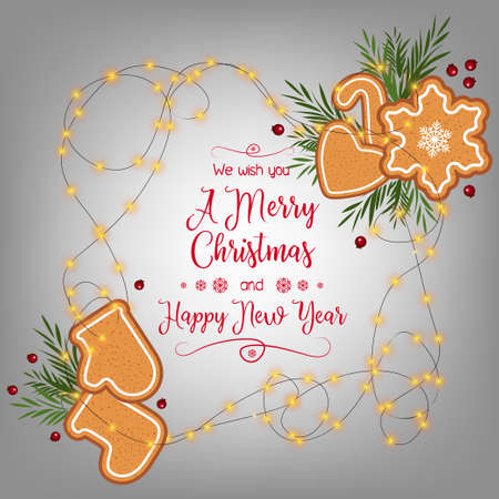 Merry Christmas and a Happy New Year. Beautiful greeting card with gingerbread cookies.のイラスト素材