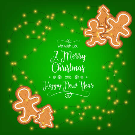 Merry Christmas and a Happy New Year. Beautiful greeting card with gingerbread cookies.のイラスト素材