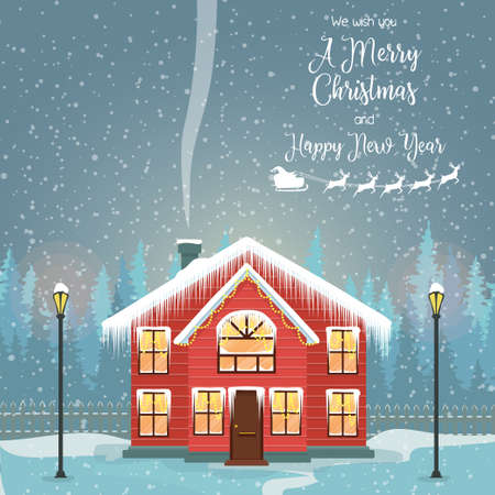 Merry christmas card with house. Vector illustration. Happy new yearのイラスト素材