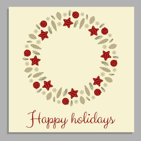 Happy Holidays. Festive card from Christmas toys in the form of a wreath.のイラスト素材