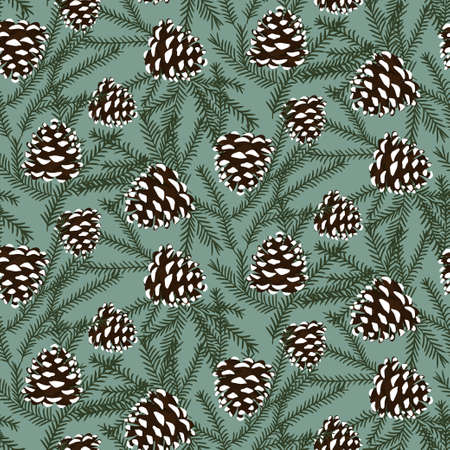 Seamless background of hand-drawn branches of spruce and pine cones. Pattern.のイラスト素材