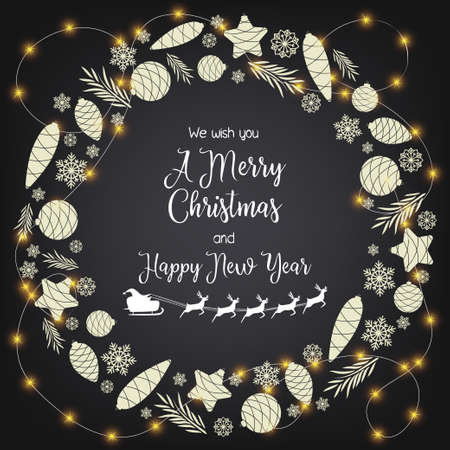 Holiday card with a wreath of fir-tree toys.のイラスト素材