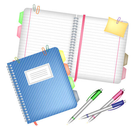 Stationery accessories. Notebook with staples and a bookmark and three pens.のイラスト素材