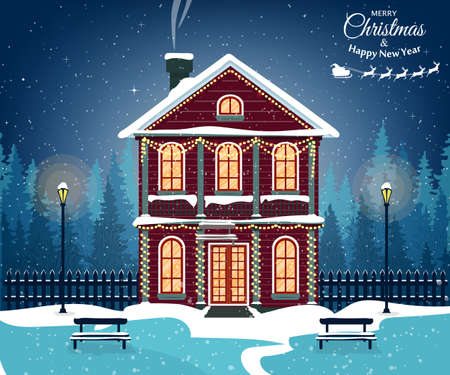Merry christmas card with house. Vector illustration. Happy new yearのイラスト素材
