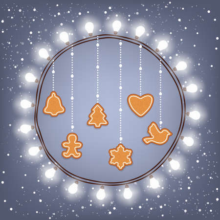 Christmas card with a bright wreath of light bulbs and ginger cookies on a snowy backgroundのイラスト素材