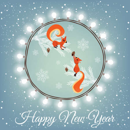 Christmas card with bright lanterns and red squirrels on a winter backgroundのイラスト素材
