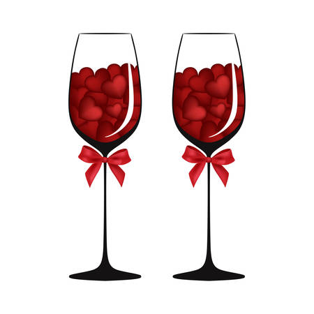Two wine glasses with red hearts and bows.のイラスト素材