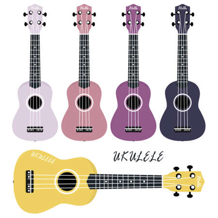Five multi-colored ukulele on a white background. Musical instruments.のイラスト素材