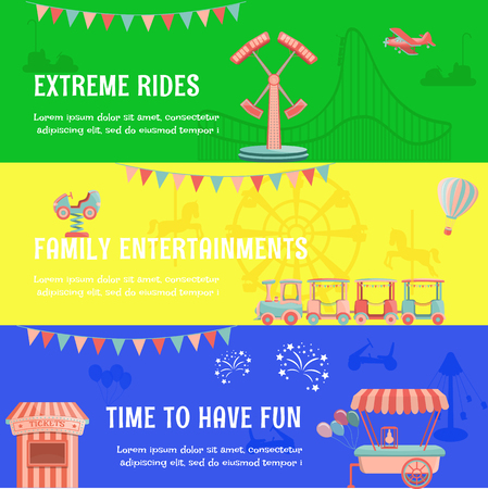 Amusement park funfair carnival horizontal banner with rides. Vector illustration.のイラスト素材