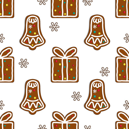 Gingerbread candy seamless pattern  with bell and giftbox on white background with christmas gift box and bell. Vector illustration.のイラスト素材