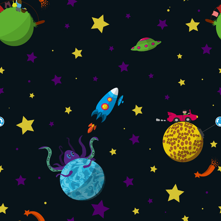 Seamless space pattern with cartoon planets with inhabitants, rockets, comets and stars.の写真素材