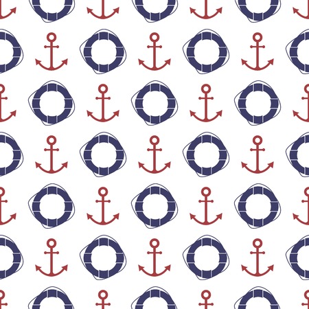 Nautical seamless pattern with anchor and ring lifebuoy.  Vector illustration