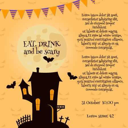 Halloween card with silhouette of horror castle, moon and bats. Vector illustrationのイラスト素材