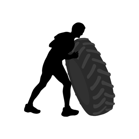 Black silhouette of athletic man turning over big heavy tyre. Obstacle race symbol. Isolated vector illustration.の写真素材