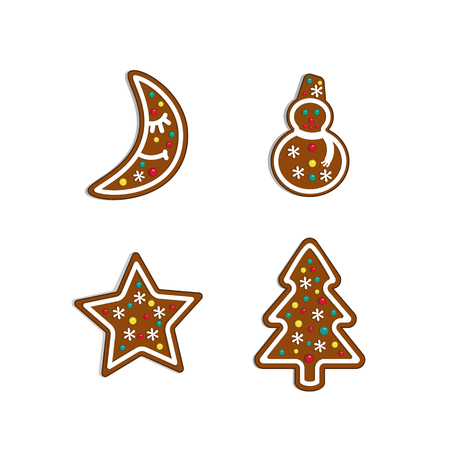 Christmas collection. Gingerbread moon, star, snowman and fir tree. Vector illustrationのイラスト素材