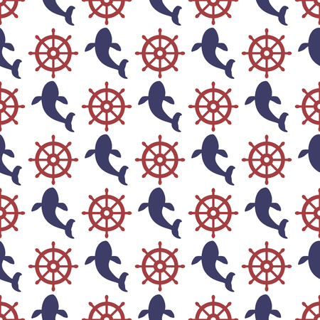 Nautical seamless pattern with wheel and whale.のイラスト素材