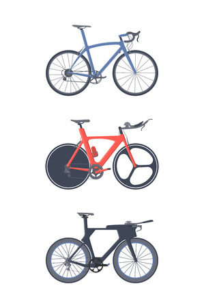 Road bike set. Flat icons. Triatlon bikes.のイラスト素材