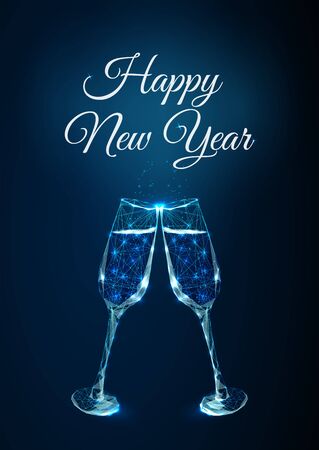 Abstract Happy New Year greeting card with clink glasses. Low poly style design.のイラスト素材
